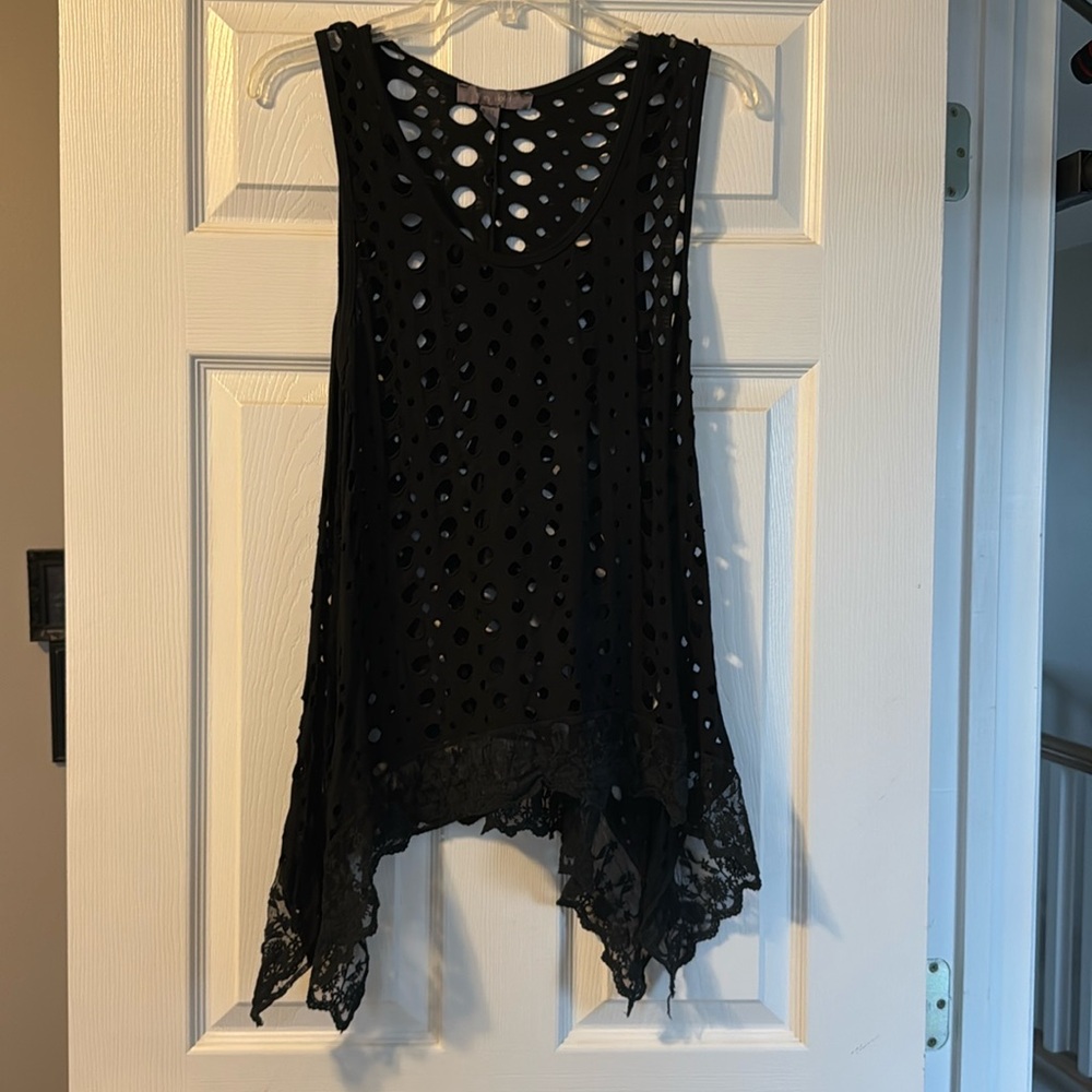 Grey Violet Make- Black Tank with Holes and Lace